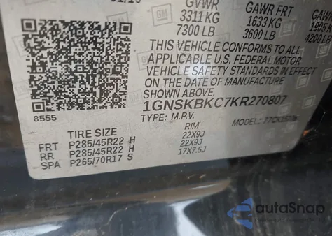 2019 Chevrolet Tahoe Lt из США, поврежденный, VIN 1GNSKBKC7KR270807